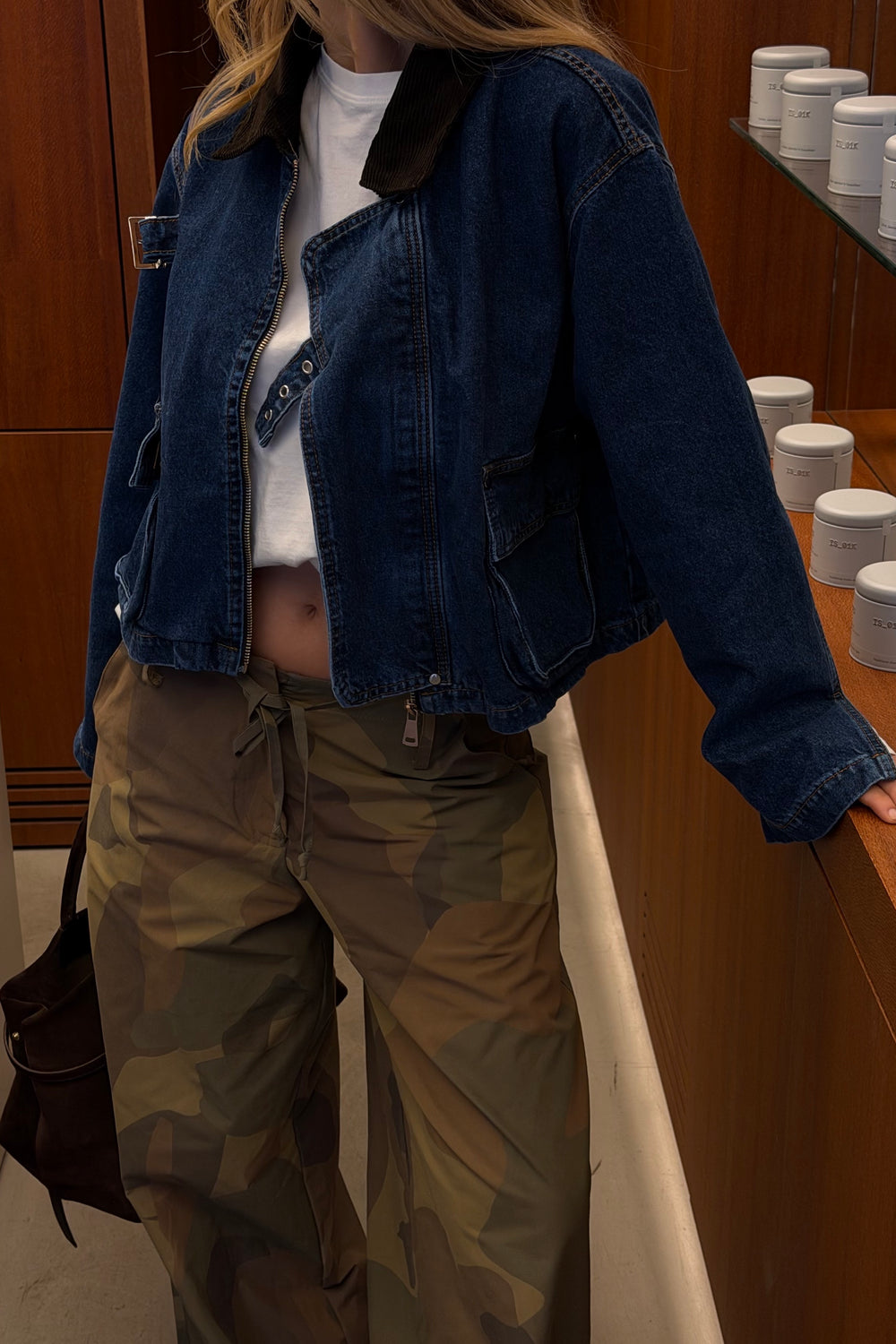 Lacivert Yakası Kemerli Crop Denim Ceket - 1114