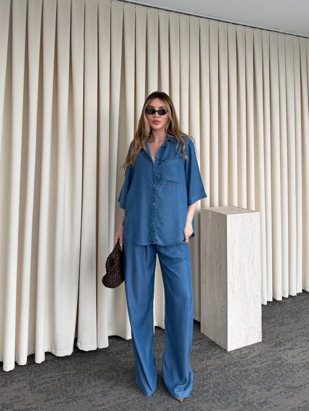 Mavi Tensel Kumaş Gömlek Pantolon Takım - 0926