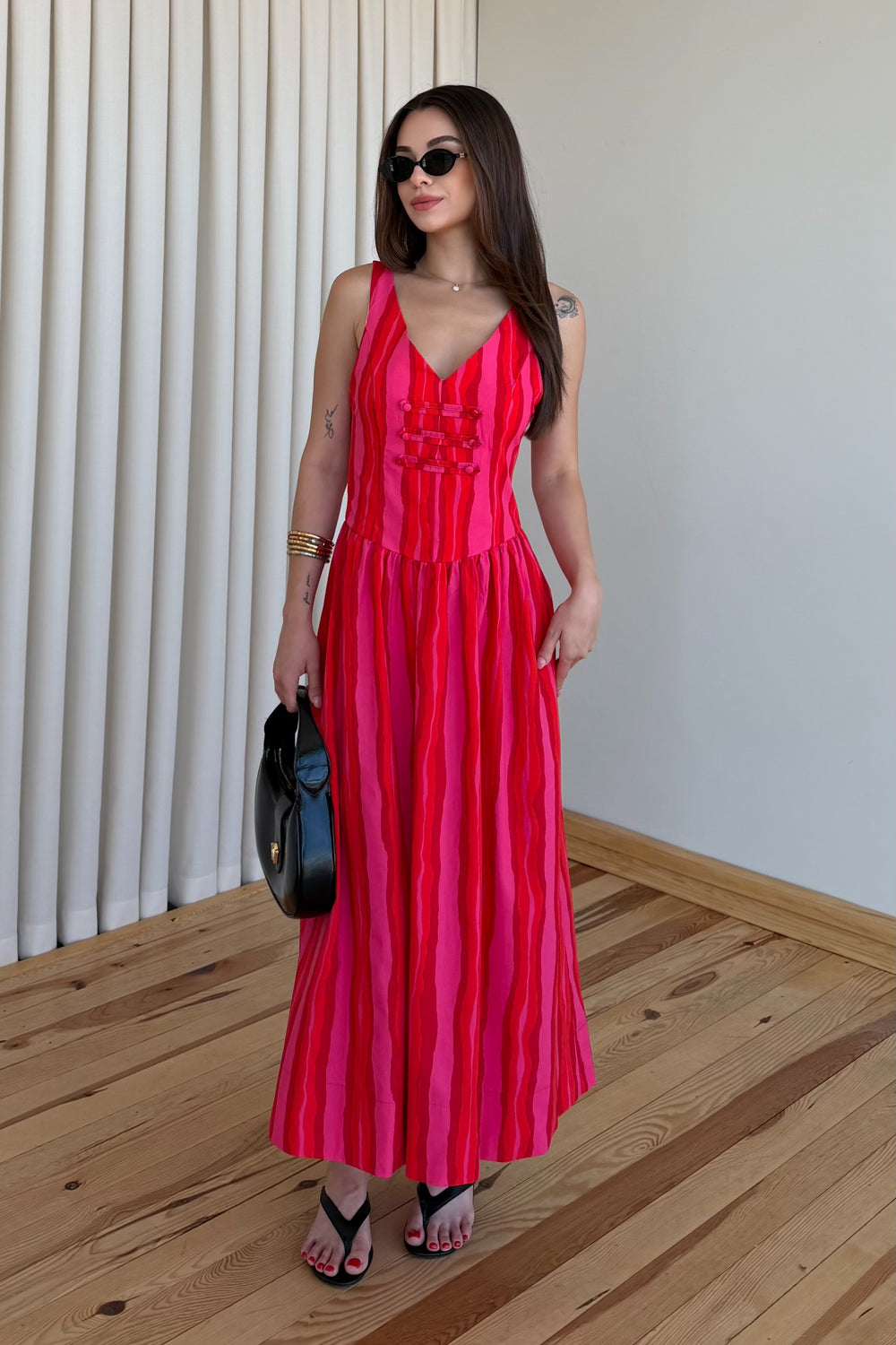 Pembe Turuncu Çizgili Elbise - 8304
