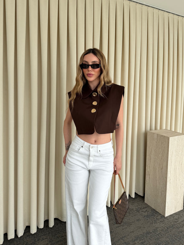 Kahverengi Poplin Crop Yelek - 8419
