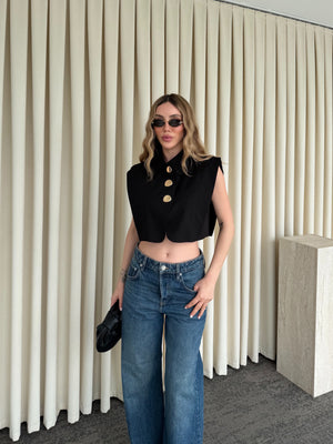 Siyah Poplin Crop Yelek - 8419