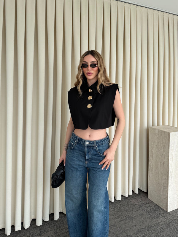 Siyah Poplin Crop Yelek - 8419