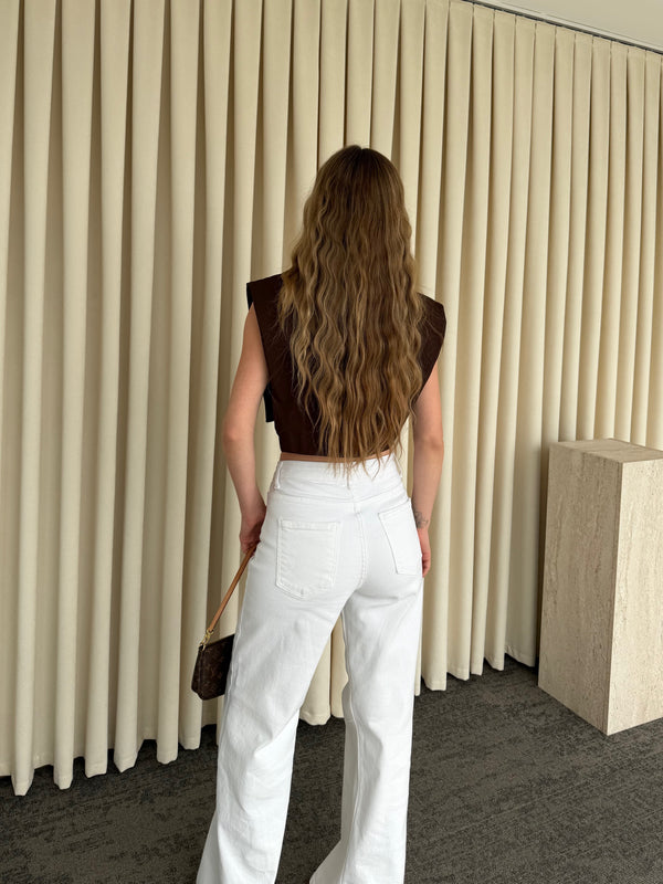 Kahverengi Poplin Crop Yelek - 8419