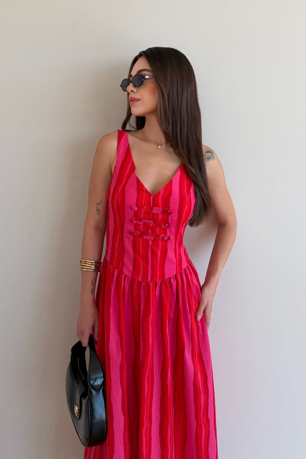 Pembe Turuncu Çizgili Elbise - 8304