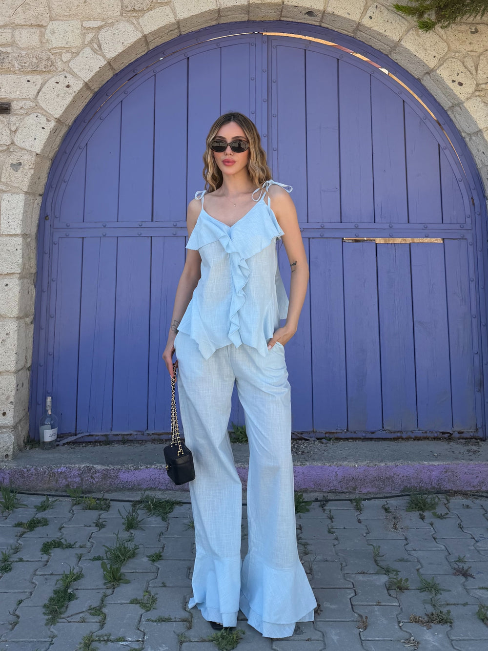 Mavi Fırfırlı Bluz Pantolon Takım - 9392