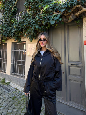 Siyah Bomber Saten Ceket Pantolon Takım - 9663 - 51229