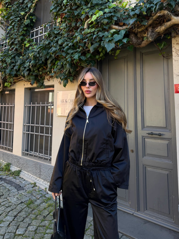 Siyah Bomber Saten Ceket Pantolon Takım - 9663 - 51229