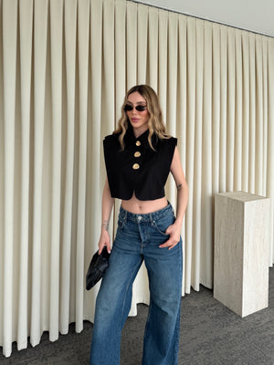 Siyah Poplin Crop Yelek - 8419