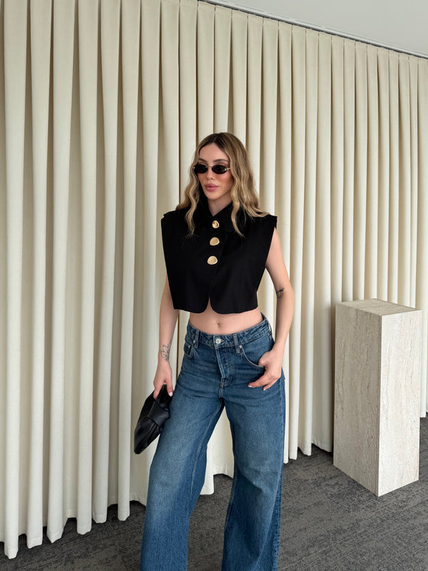 Siyah Poplin Crop Yelek - 8419