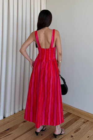 Pembe Turuncu Çizgili Elbise - 8304