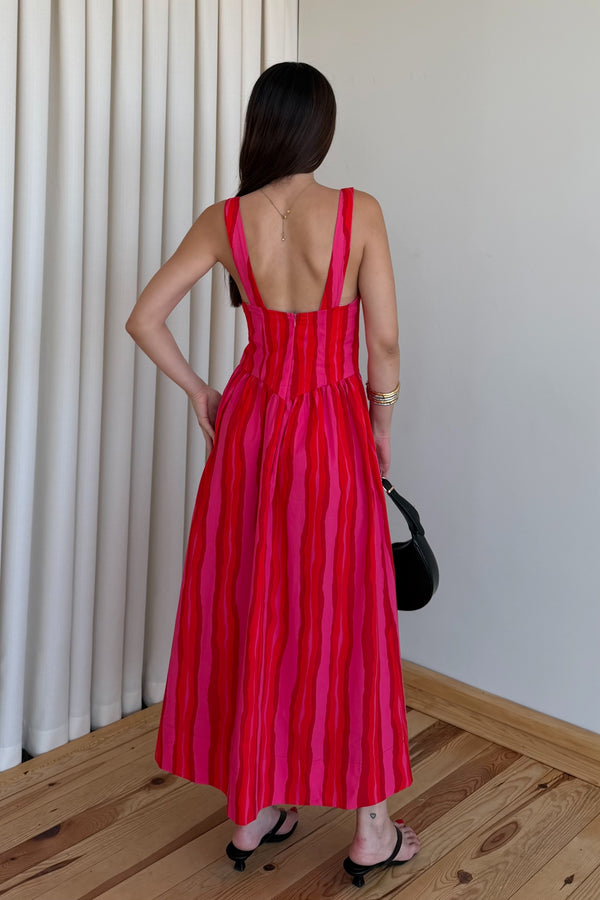 Pembe Turuncu Çizgili Elbise - 8304