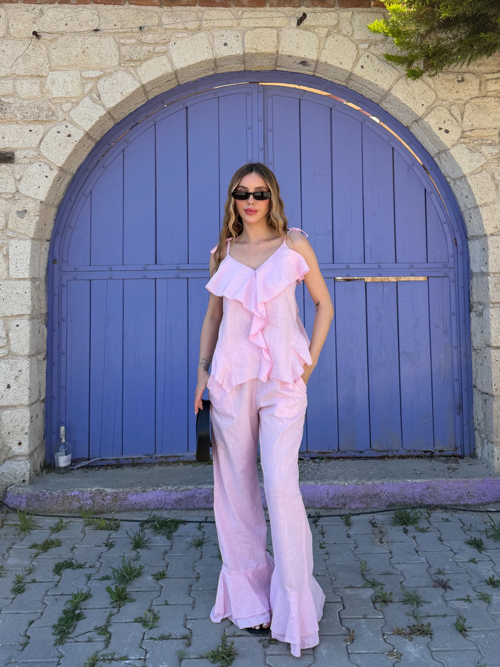 Pembe Fırfırlı Bluz Pantolon Takım - 9392