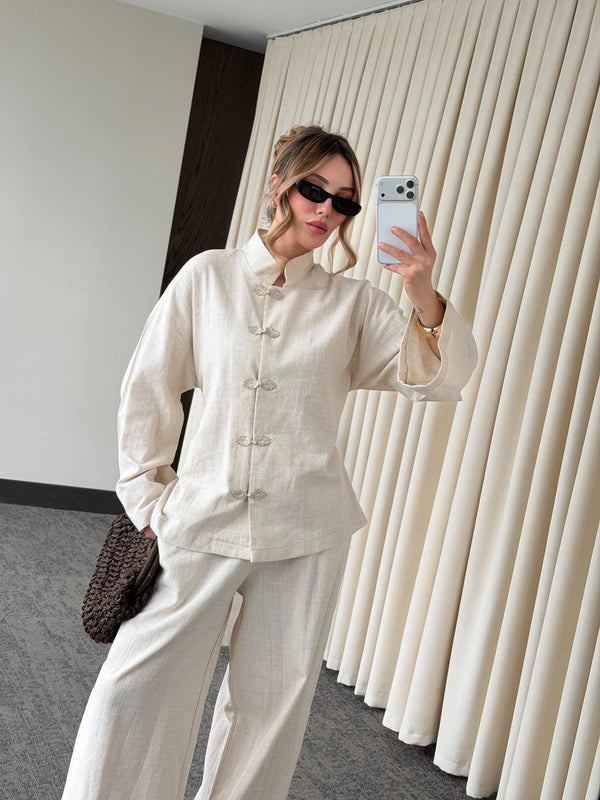 Natural Nakış Düğmeli Kimono Takım - 60624