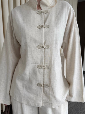 Natural Nakış Düğmeli Kimono Takım - 60624