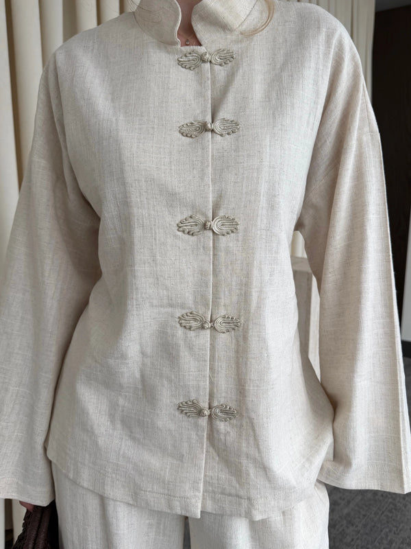 Natural Nakış Düğmeli Kimono Takım - 60624