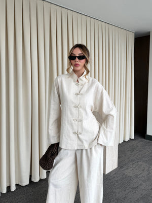 Natural Nakış Düğmeli Kimono Takım - 60624