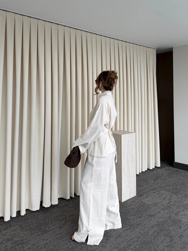 Natural Nakış Düğmeli Kimono Takım - 60624