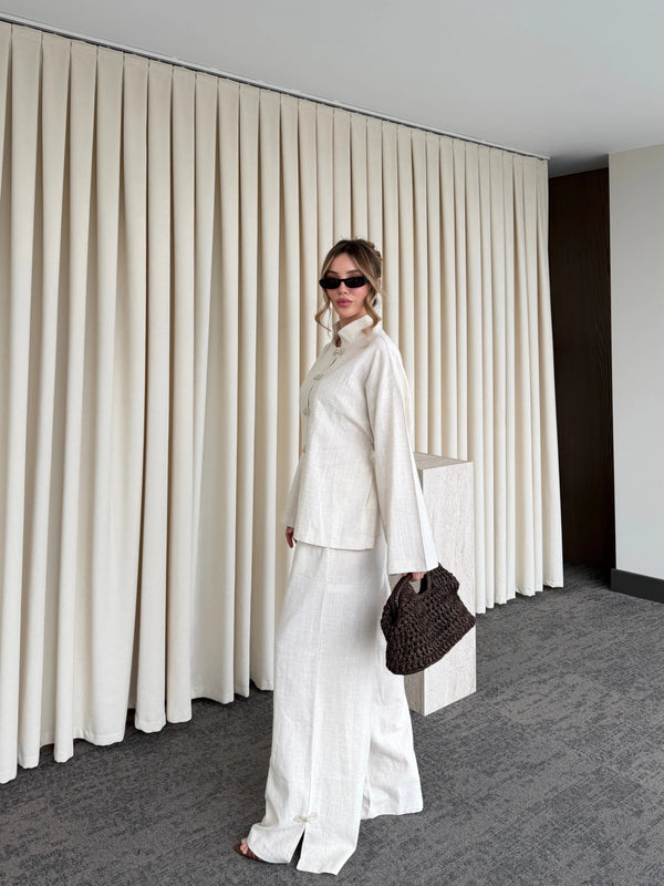 Natural Nakış Düğmeli Kimono Takım - 60624