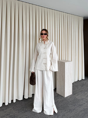 Natural Nakış Düğmeli Kimono Takım - 60624