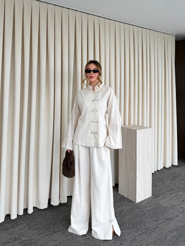 Natural Nakış Düğmeli Kimono Takım - 60624