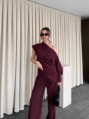 Mürdüm Tek Omuz Bluz Pantolon Takım - 7009