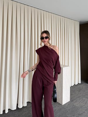 Mürdüm Tek Omuz Bluz Pantolon Takım - 7009