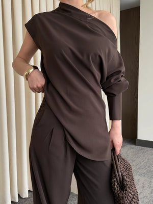 Kahverengi Tek Omuz Bluz Pantolon Takım - 7009