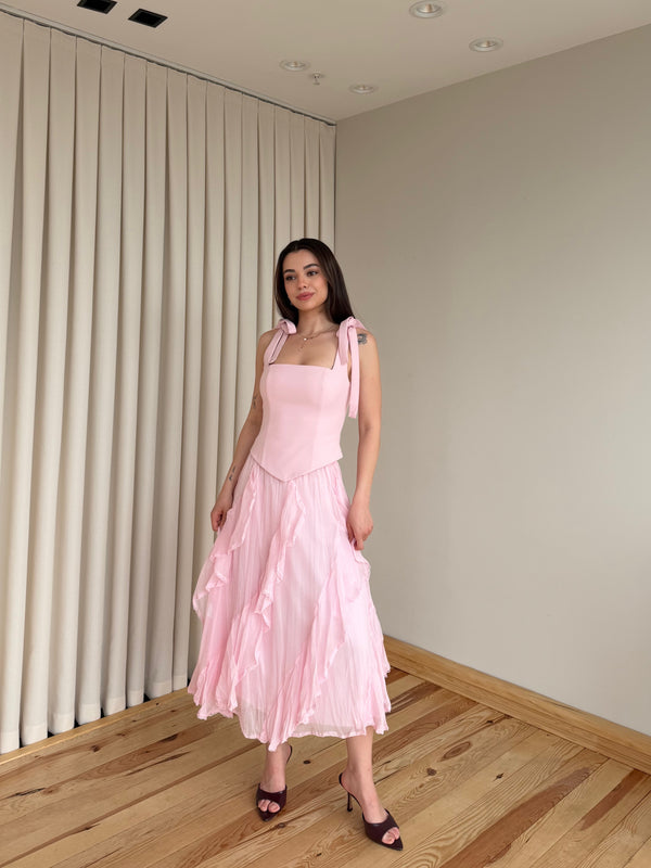 Pembe Dantelli Asimetrik Etek - E261064