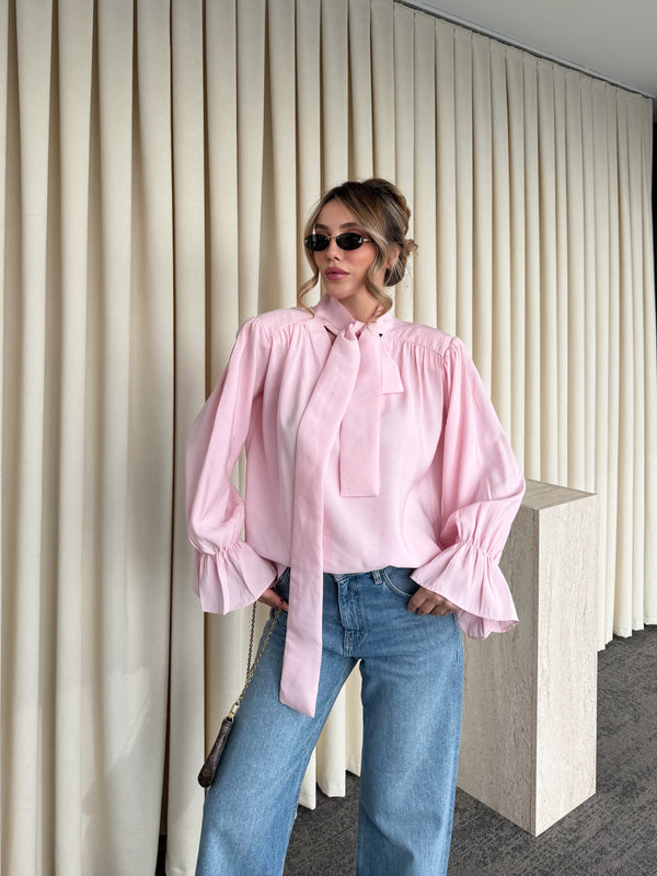 Pembe Fırfır Detaylı Vatkalı Bluz - 1016