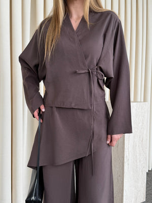 Kahverengi Pantolon Ek Parça Detaylı Kimono Takım - 8009