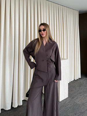 Kahverengi Pantolon Ek Parça Detaylı Kimono Takım - 8009