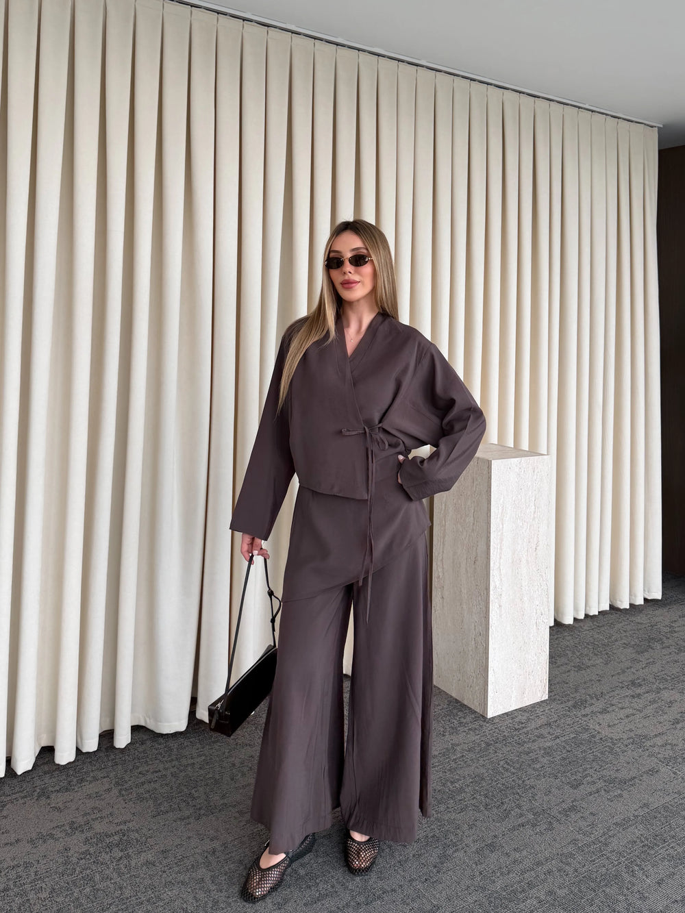 Kahverengi Pantolon Ek Parça Detaylı Kimono Takım - 8009