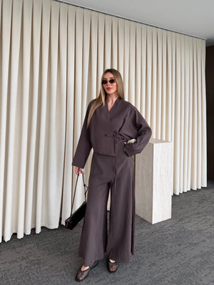 Kahverengi Pantolon Ek Parça Detaylı Kimono Takım - 8009