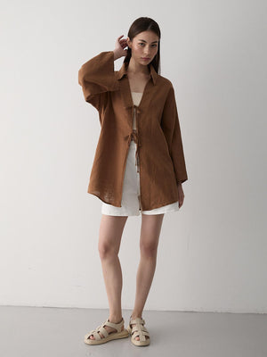 Kahve %100 Pamuk Keten Bağcık Detaylı Kimono Bluz
