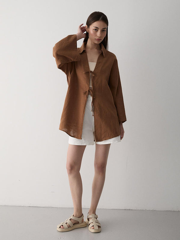Kahve %100 Pamuk Keten Bağcık Detaylı Kimono Bluz