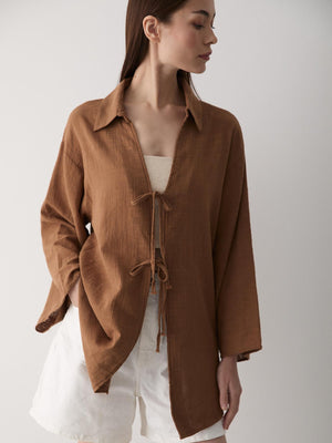 Kahve %100 Pamuk Keten Bağcık Detaylı Kimono Bluz