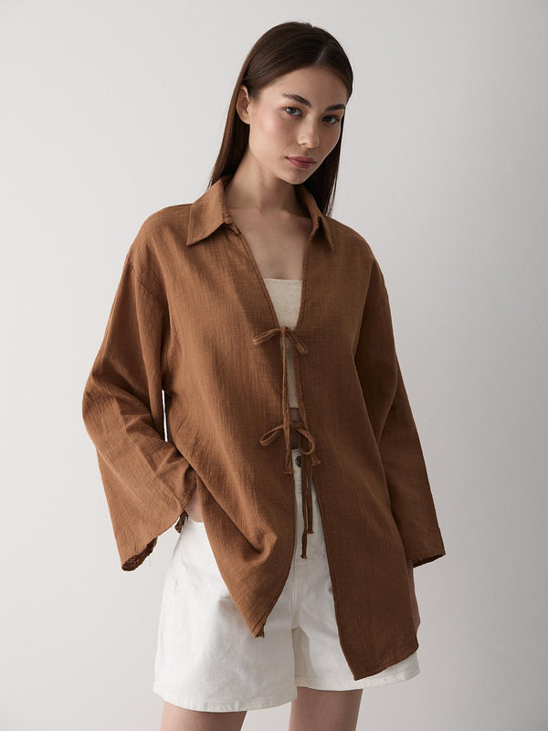 Kahve %100 Pamuk Keten Bağcık Detaylı Kimono Bluz