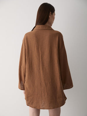 Kahve %100 Pamuk Keten Bağcık Detaylı Kimono Bluz