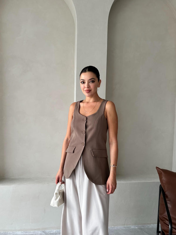 Kahve Milano Düğmeli Premium Yelek