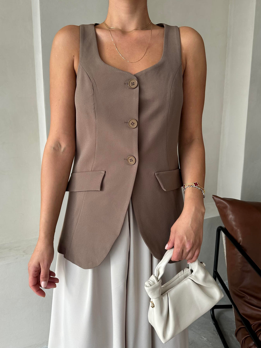 Kahve Milano Düğmeli Premium Yelek