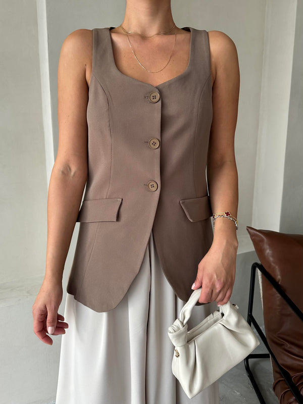 Kahve Milano Düğmeli Premium Yelek