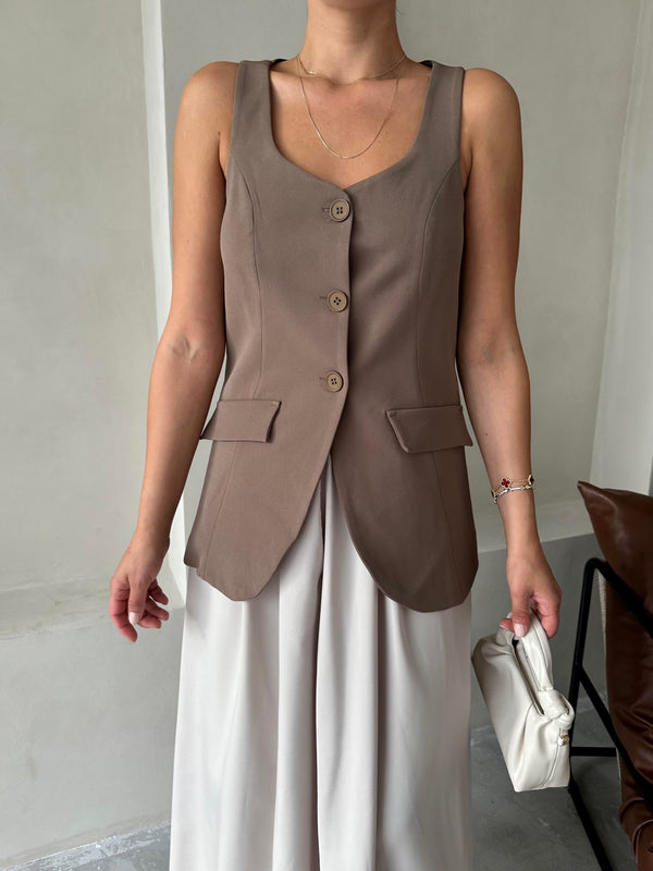 Kahve Milano Düğmeli Premium Yelek