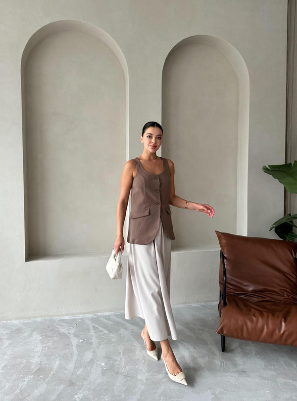 Kahve Milano Düğmeli Premium Yelek