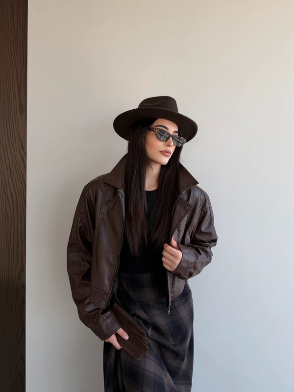 Kahverengi Fermuarlı Deri Ceket - 2617