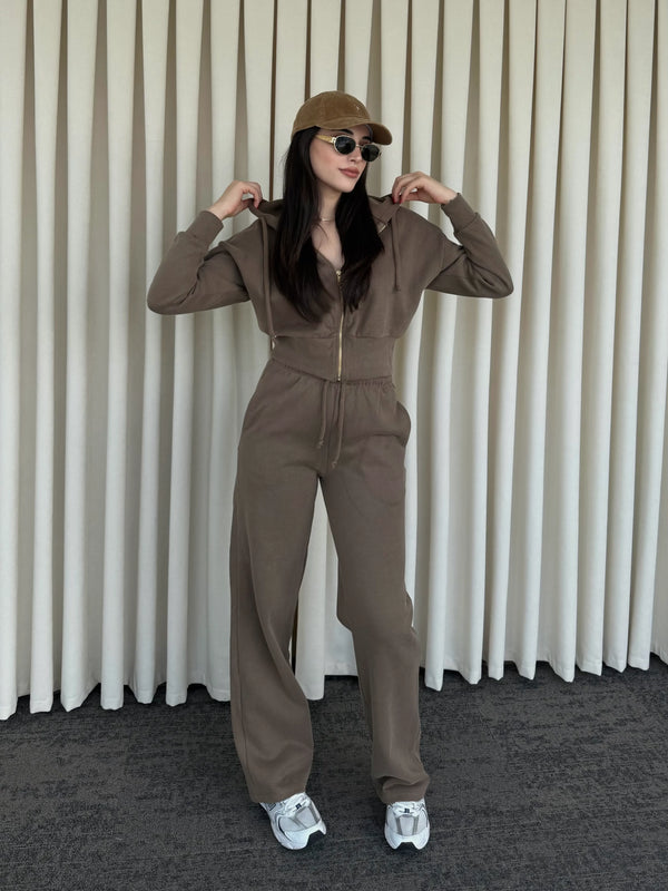 Camel %100 Pamuk Kapüşonlu Fitilli Takım - 51232