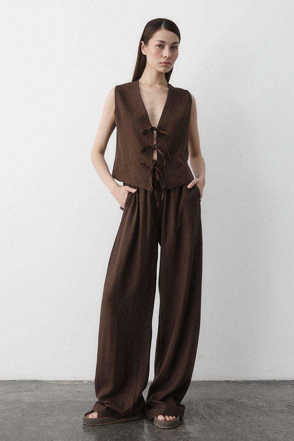 Kahverengi 3 Bağcıklı Yelekli Müslin Takım