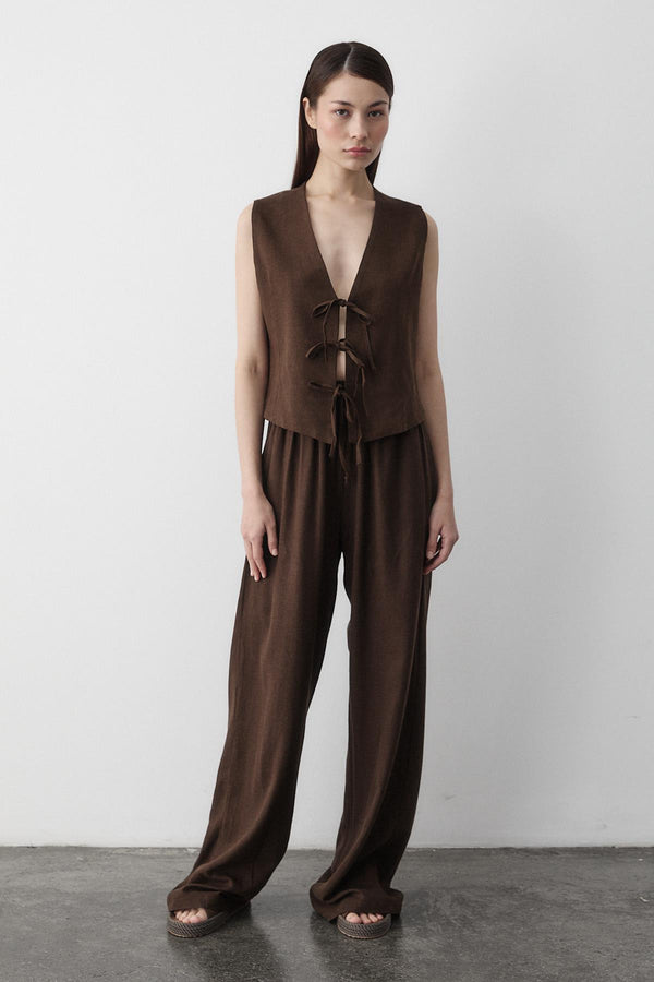 Kahverengi 3 Bağcıklı Yelekli Müslin Takım