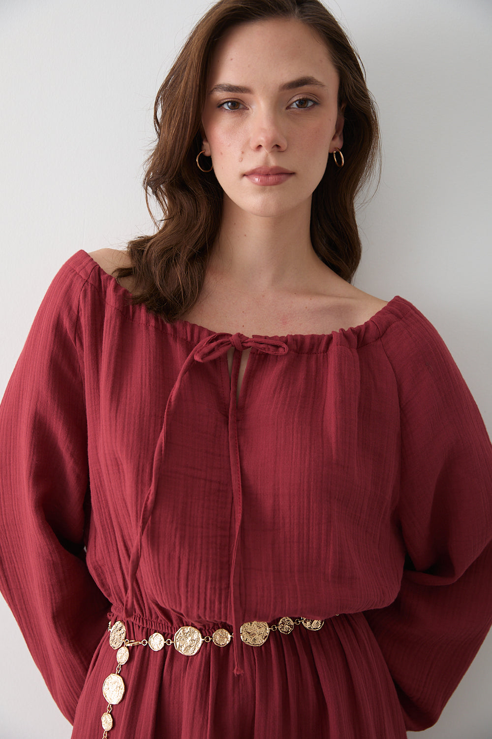 Kiremit Bağlama Detaylı Müslin Elbise - 2004