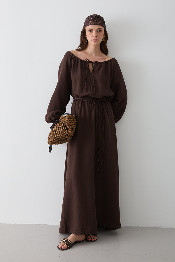 Kahverengi Bağlama Detaylı Müslin Elbise - 2004