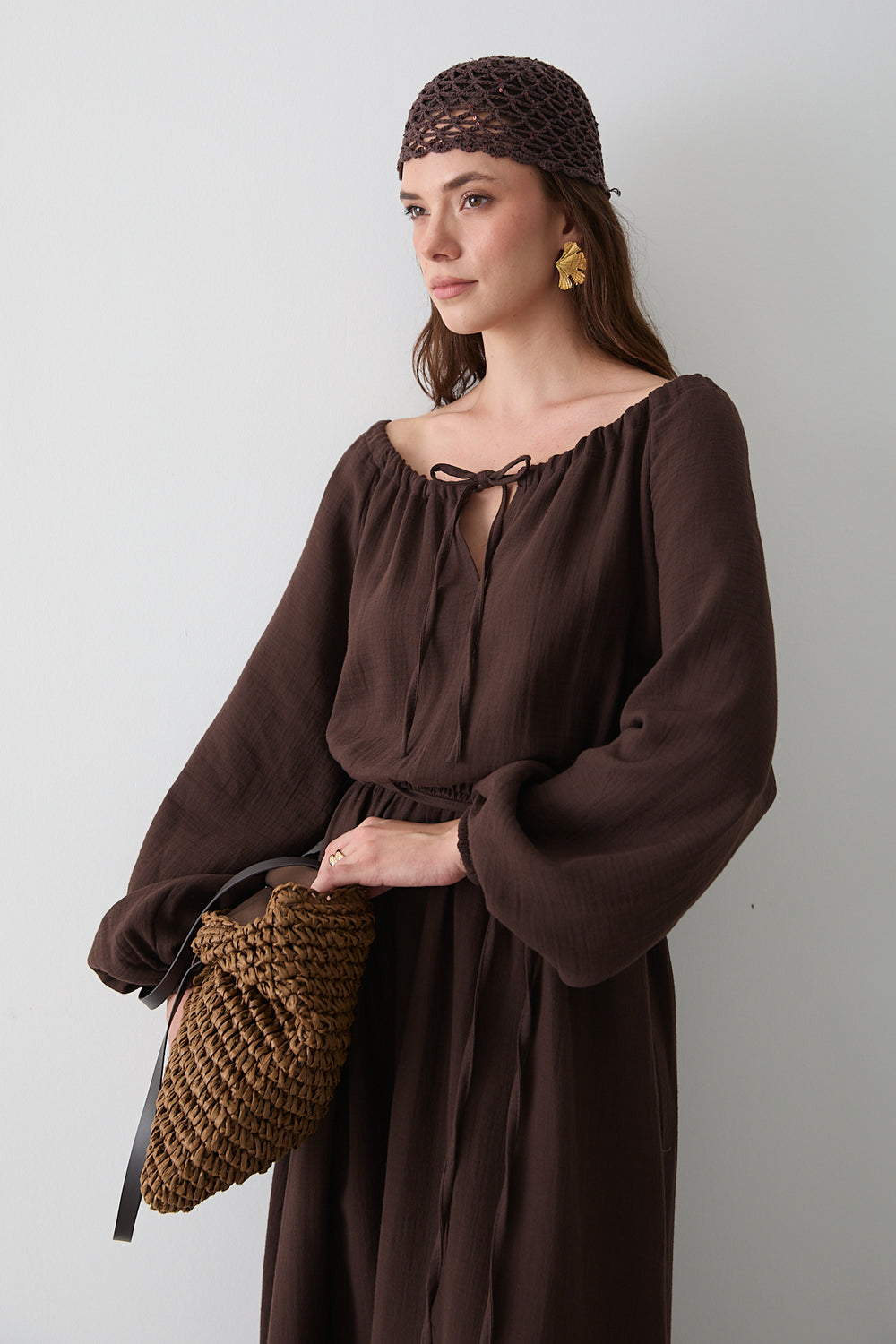 Kahverengi Bağlama Detaylı Müslin Elbise - 2004